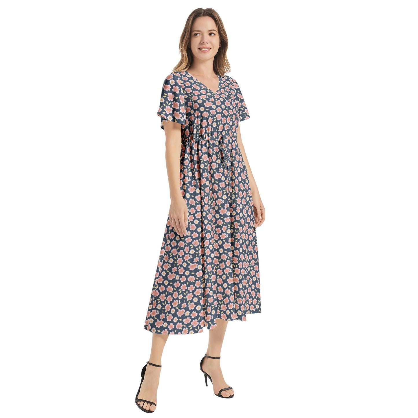 Flutter Sleeve Drawstring Waist Flared Dress