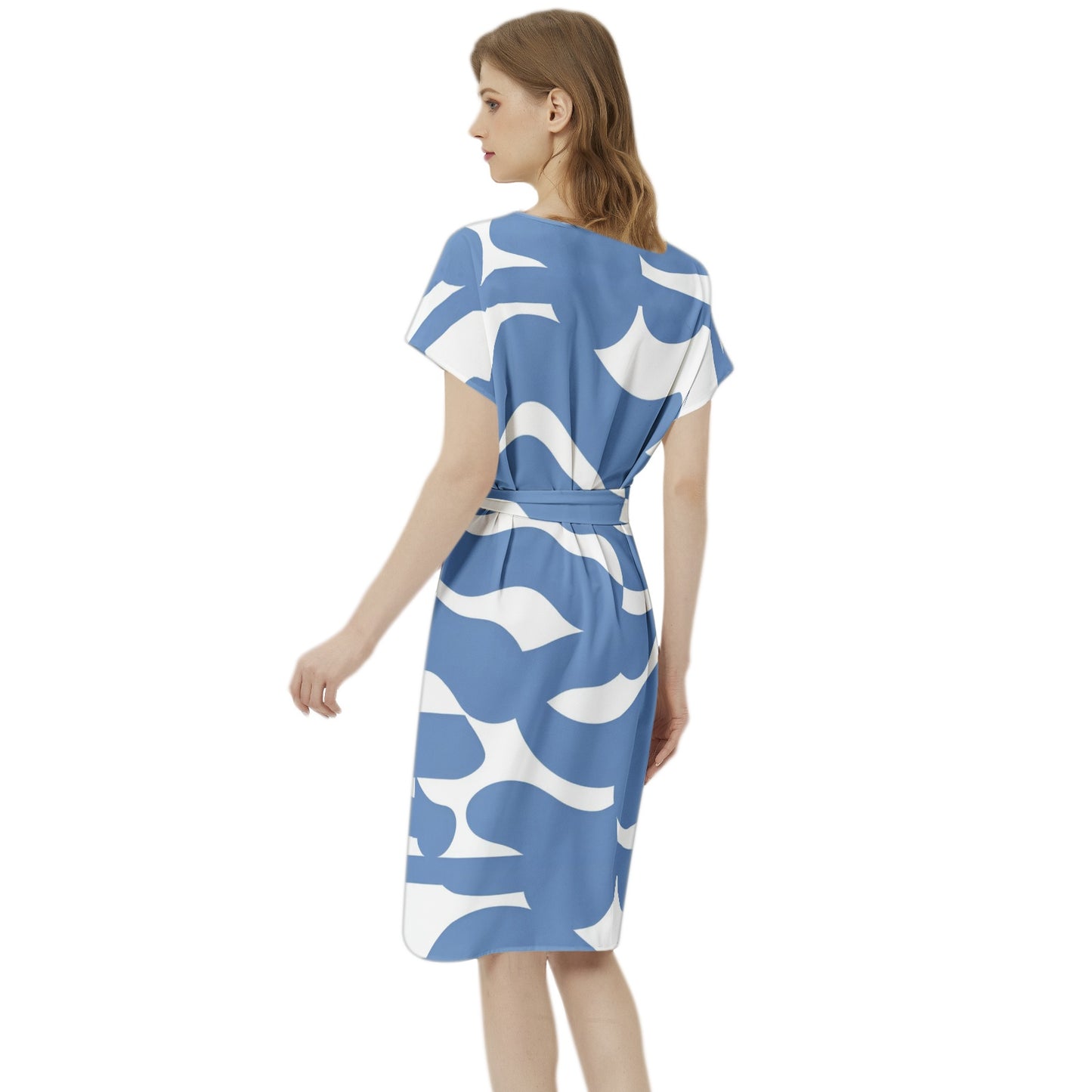 Betwing Seleeve Notch Neck Casual Dress with Belt