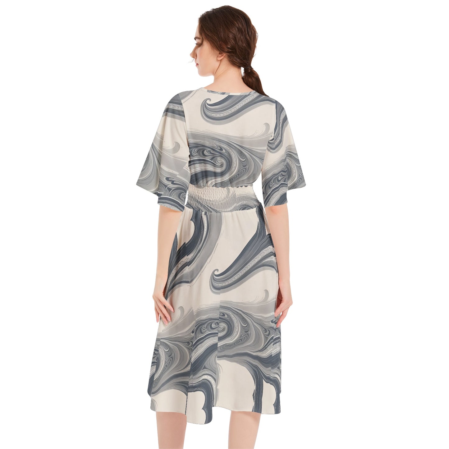 Butterfly Sleeve Shirred High Waist A Line Midi Dress