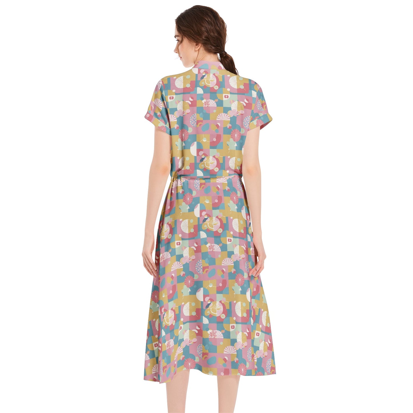 Drawstring Waist A-line Flared Midi Dress