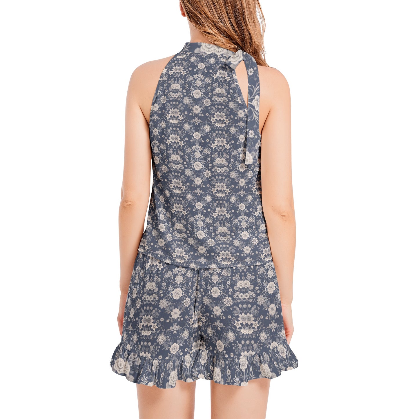 Tie Neck Halter Top and Ruffle Hem Short Set