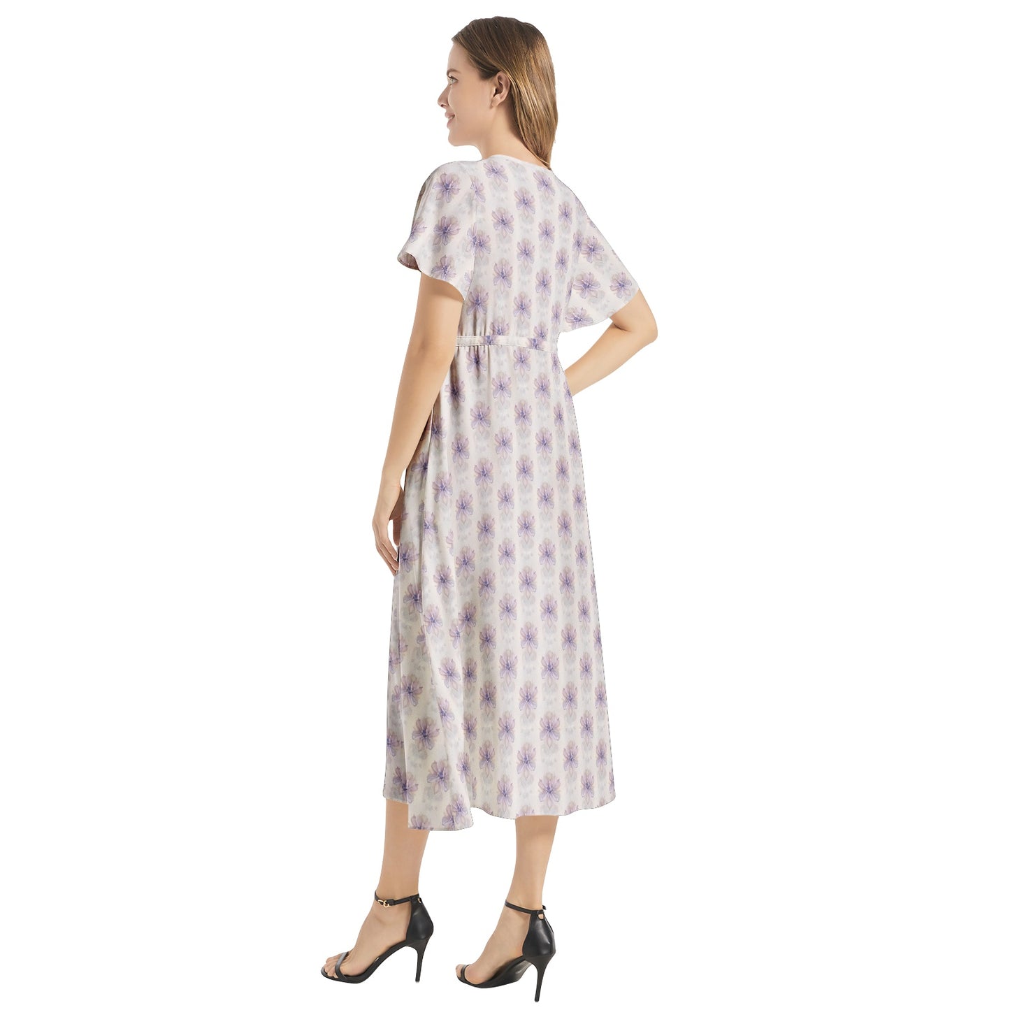 Flutter Sleeve Drawstring Waist Flared Dress