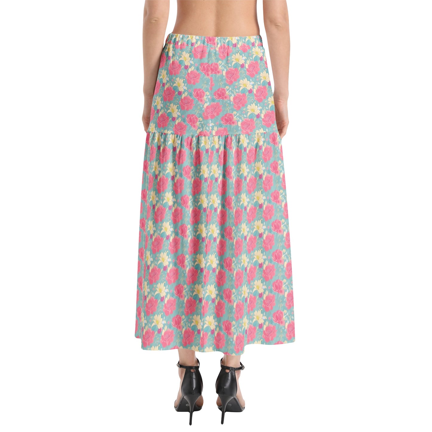 Elastic Waist Ruffle Slit Hem Skirt