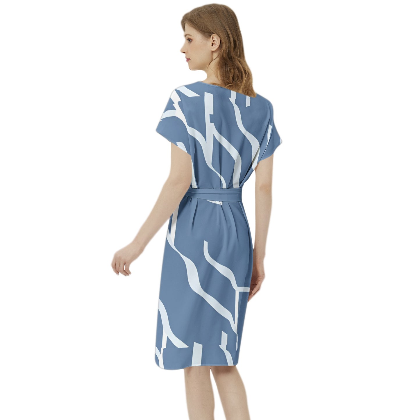 Betwing Seleeve Notch Neck Casual Dress with Belt