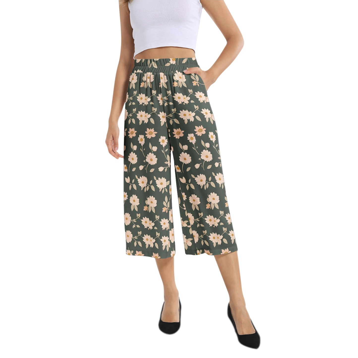 Elastic Waist Capris Wide Leg Pant