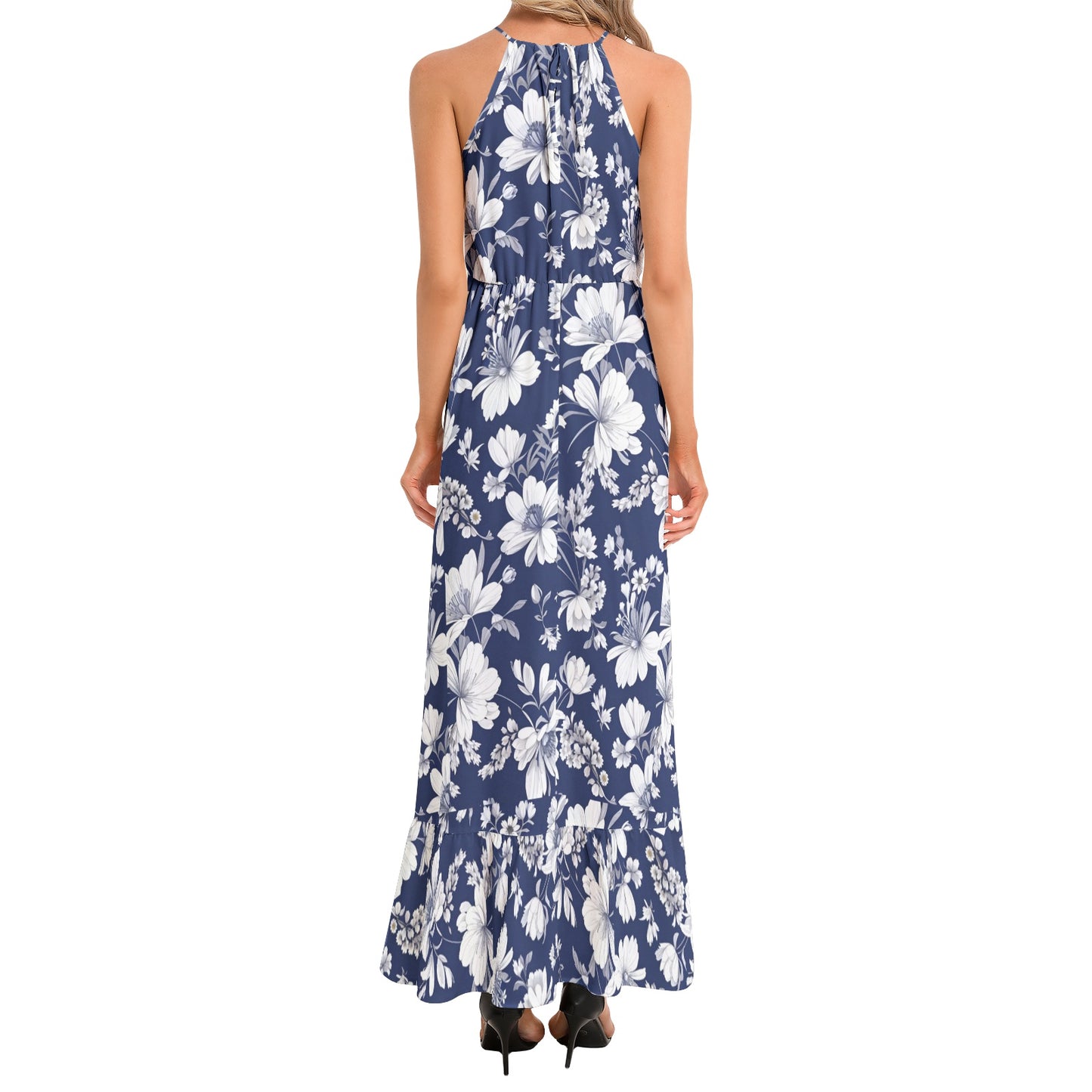 Ruffle Hem Halter Neck Maxi Dress