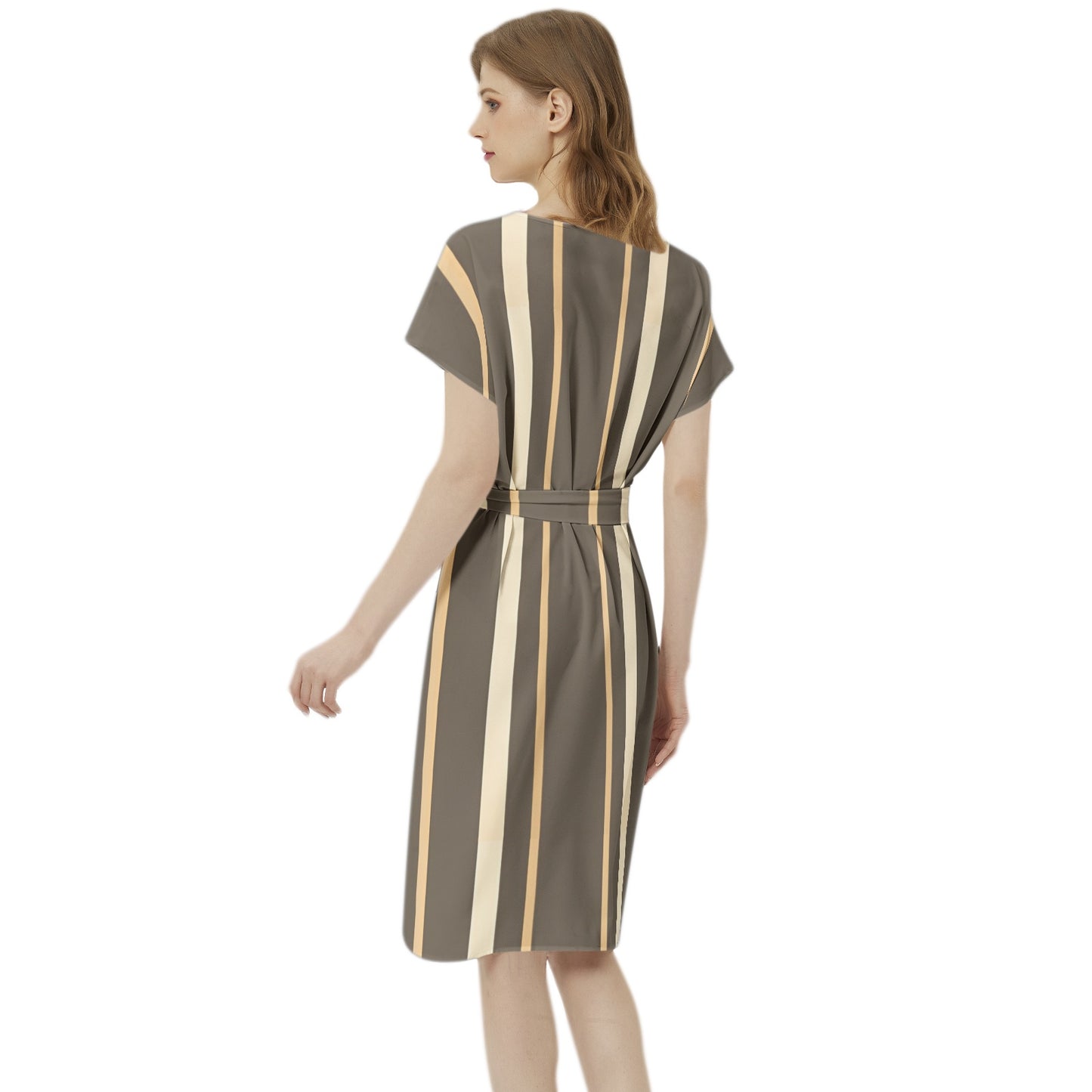 Betwing Seleeve Notch Neck Casual Dress with Belt