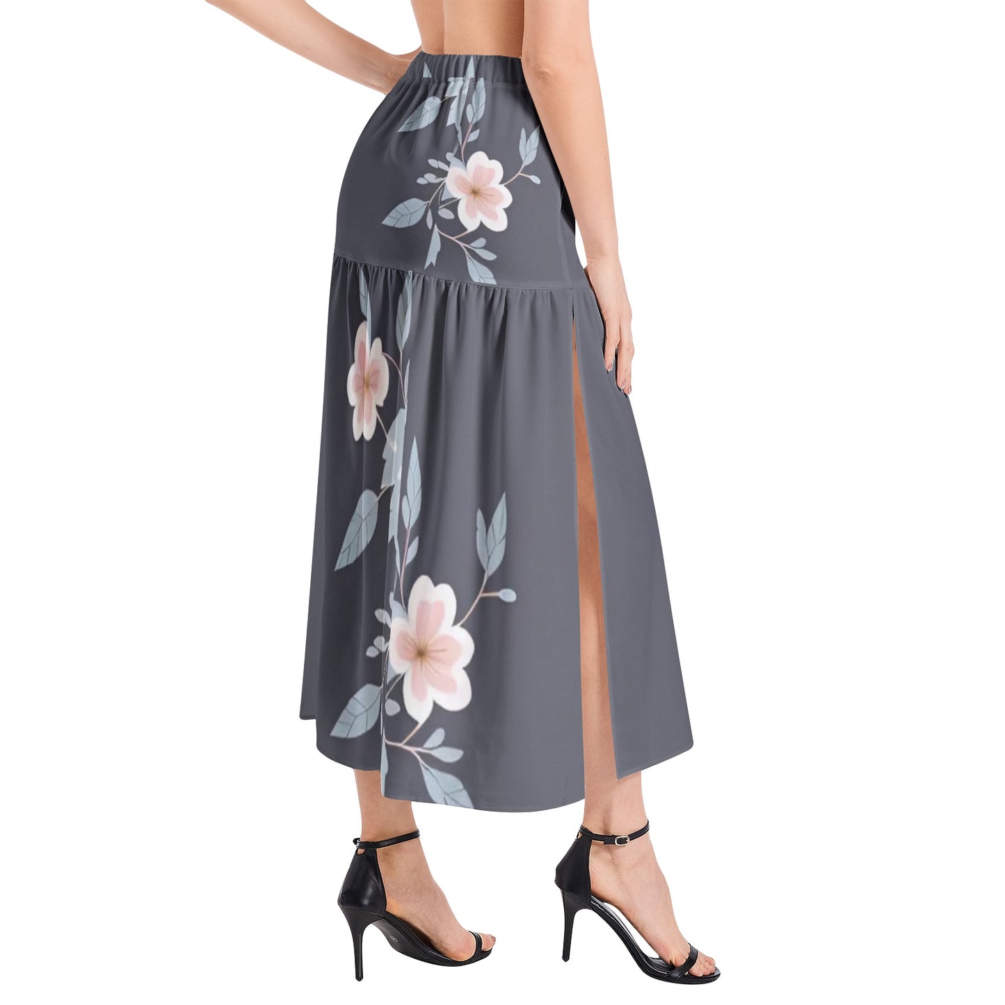 Elastic Waist Ruffle Slit Hem Skirt