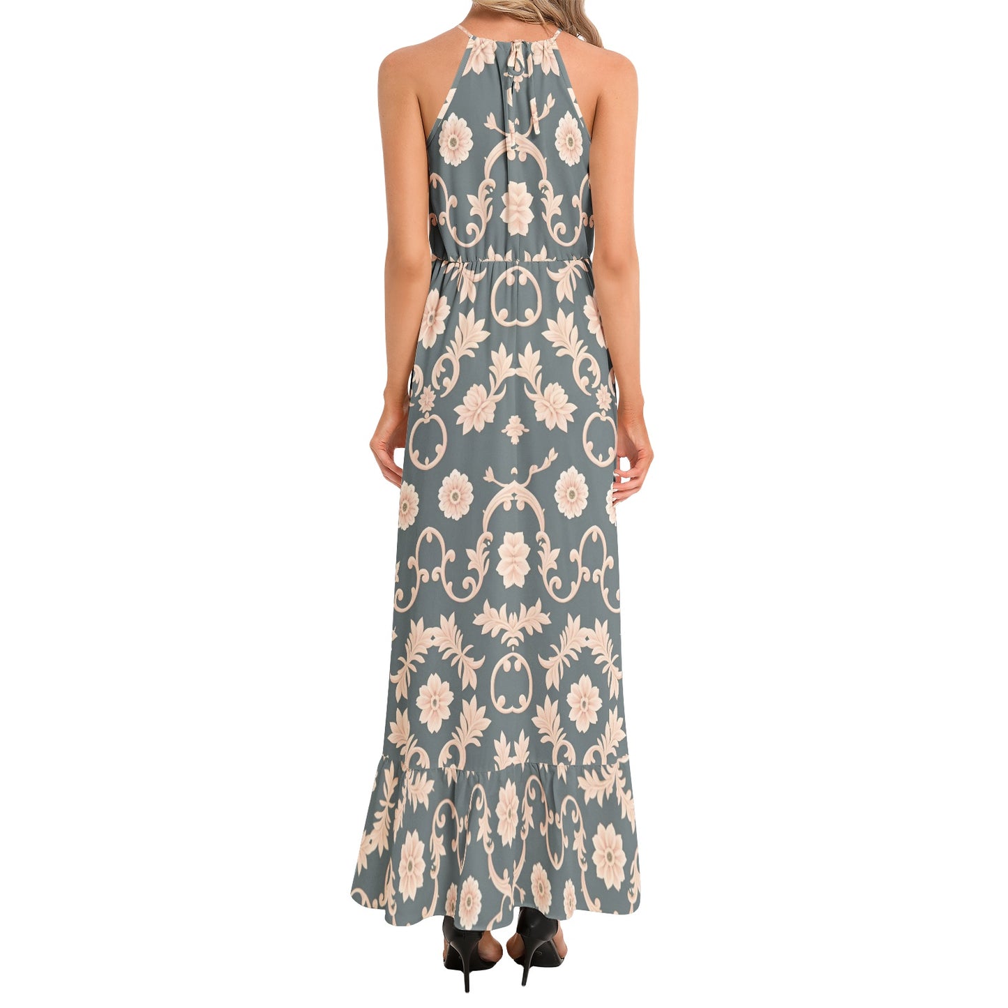 Ruffle Hem Halter Neck Maxi Dress