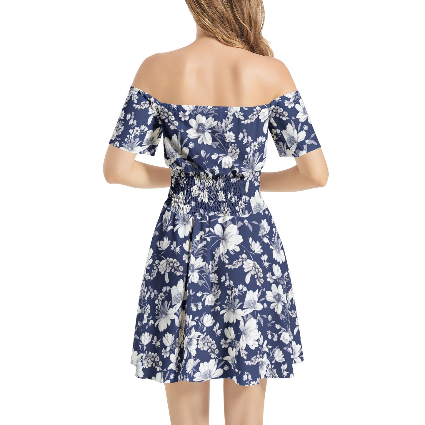 Off Shoulder Shirred Waist Flared Mini Dress