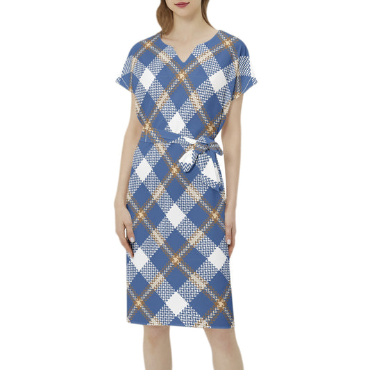 Betwing Seleeve Notch Neck Casual Dress with Belt