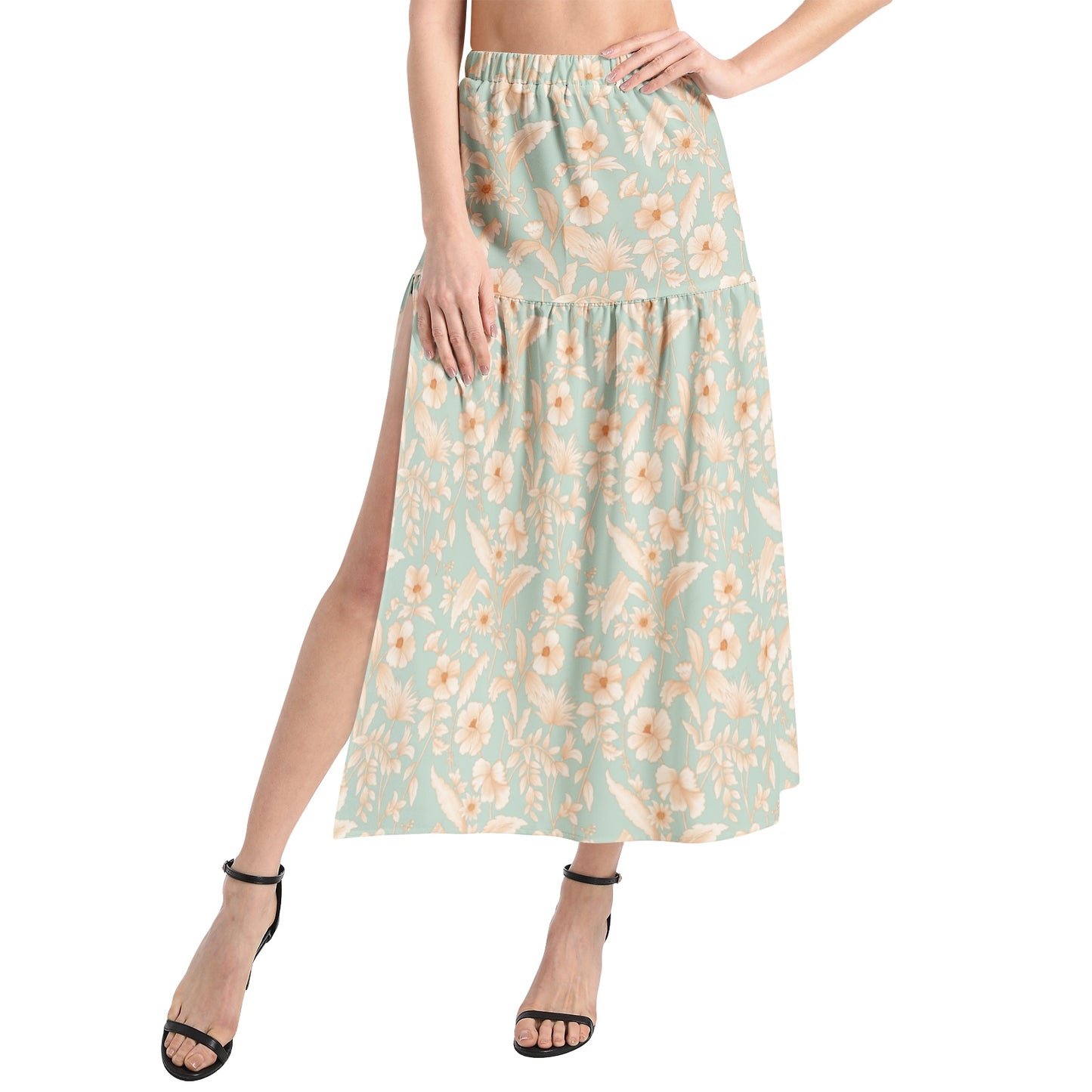 Elastic Waist Ruffle Slit Hem Skirt