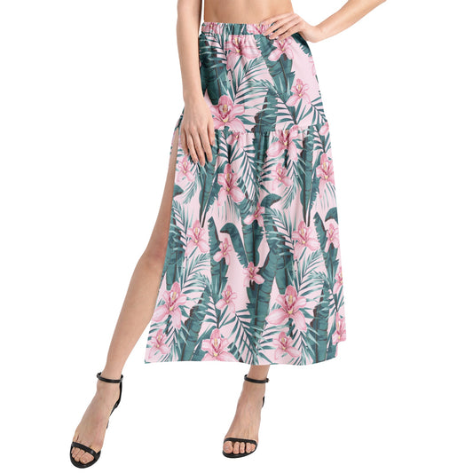 Elastic Waist Ruffle Slit Hem Skirt