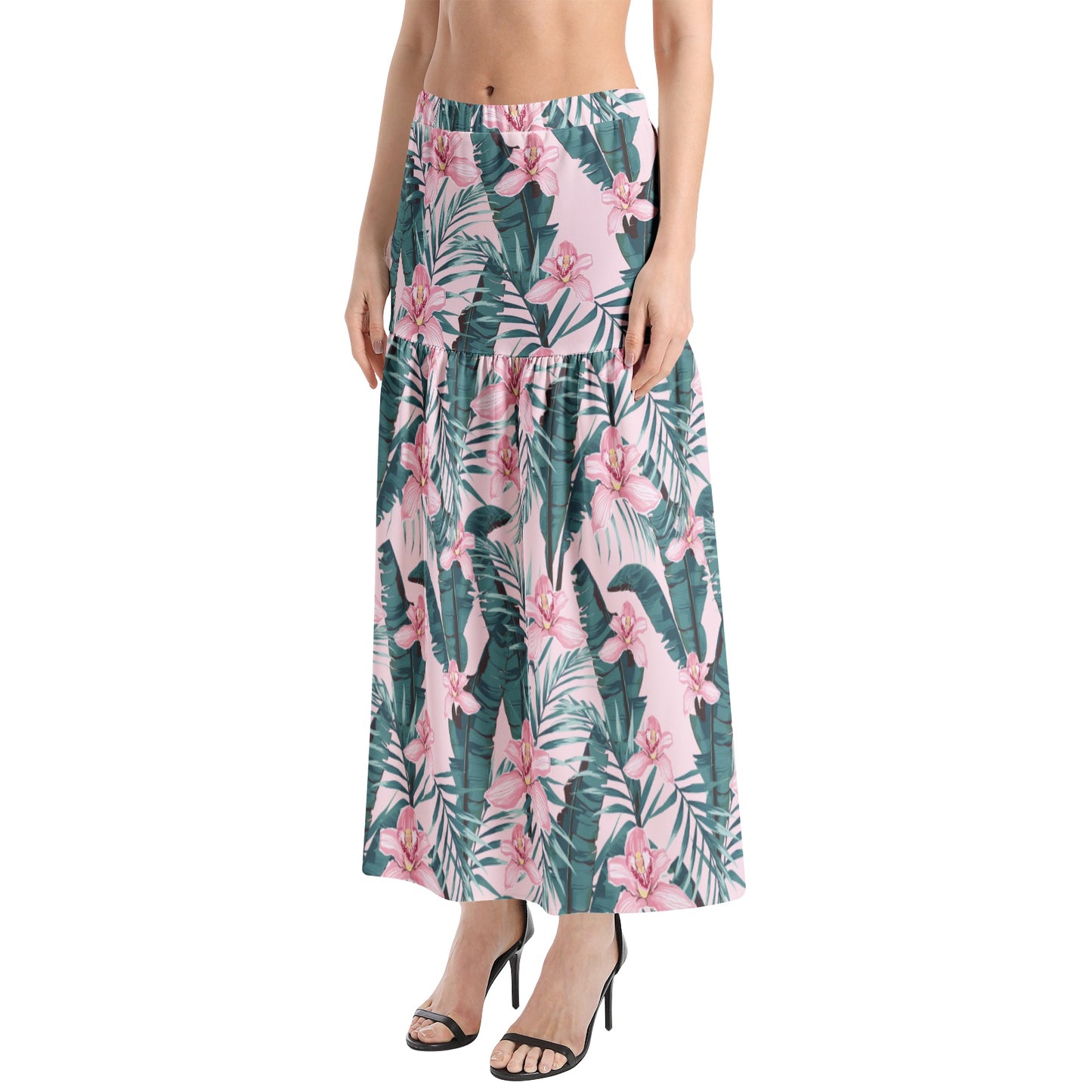 Elastic Waist Ruffle Slit Hem Skirt