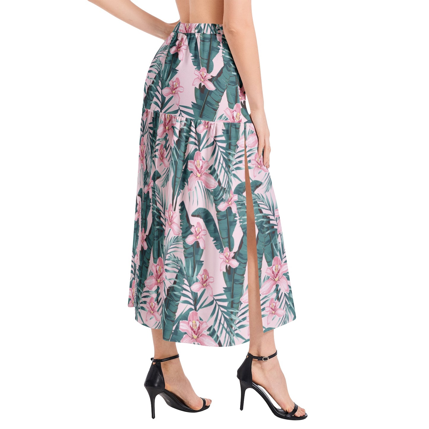 Elastic Waist Ruffle Slit Hem Skirt