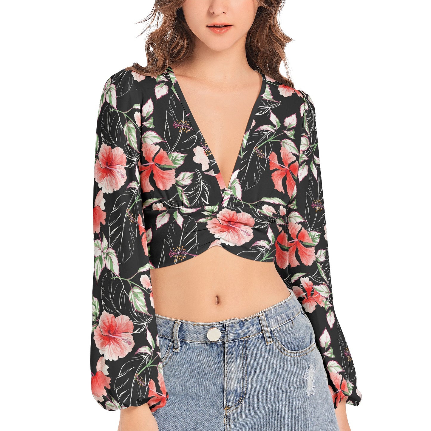 Women's Deep V-Neck Lantern Sleeve Crop Top