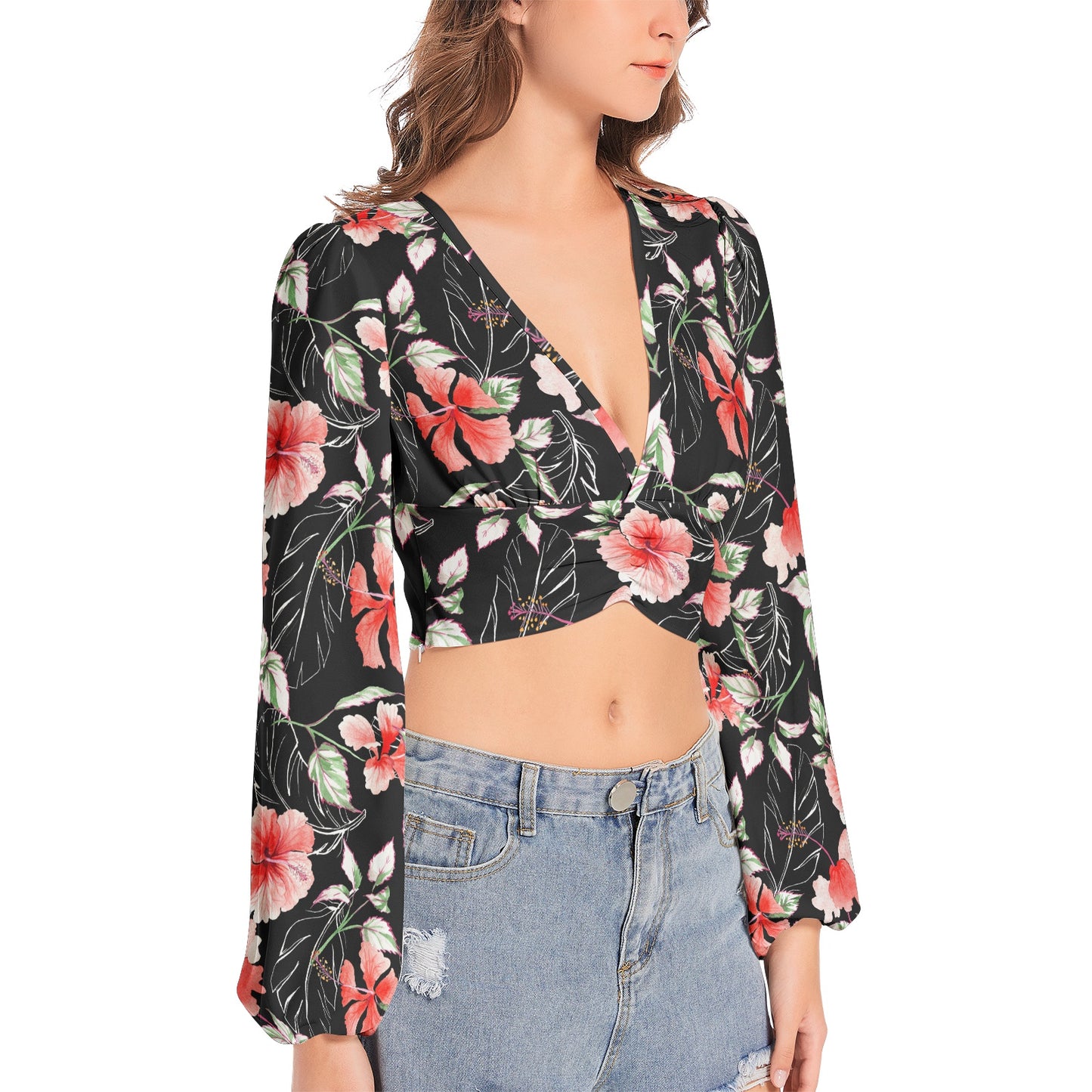 Women's Deep V-Neck Lantern Sleeve Crop Top