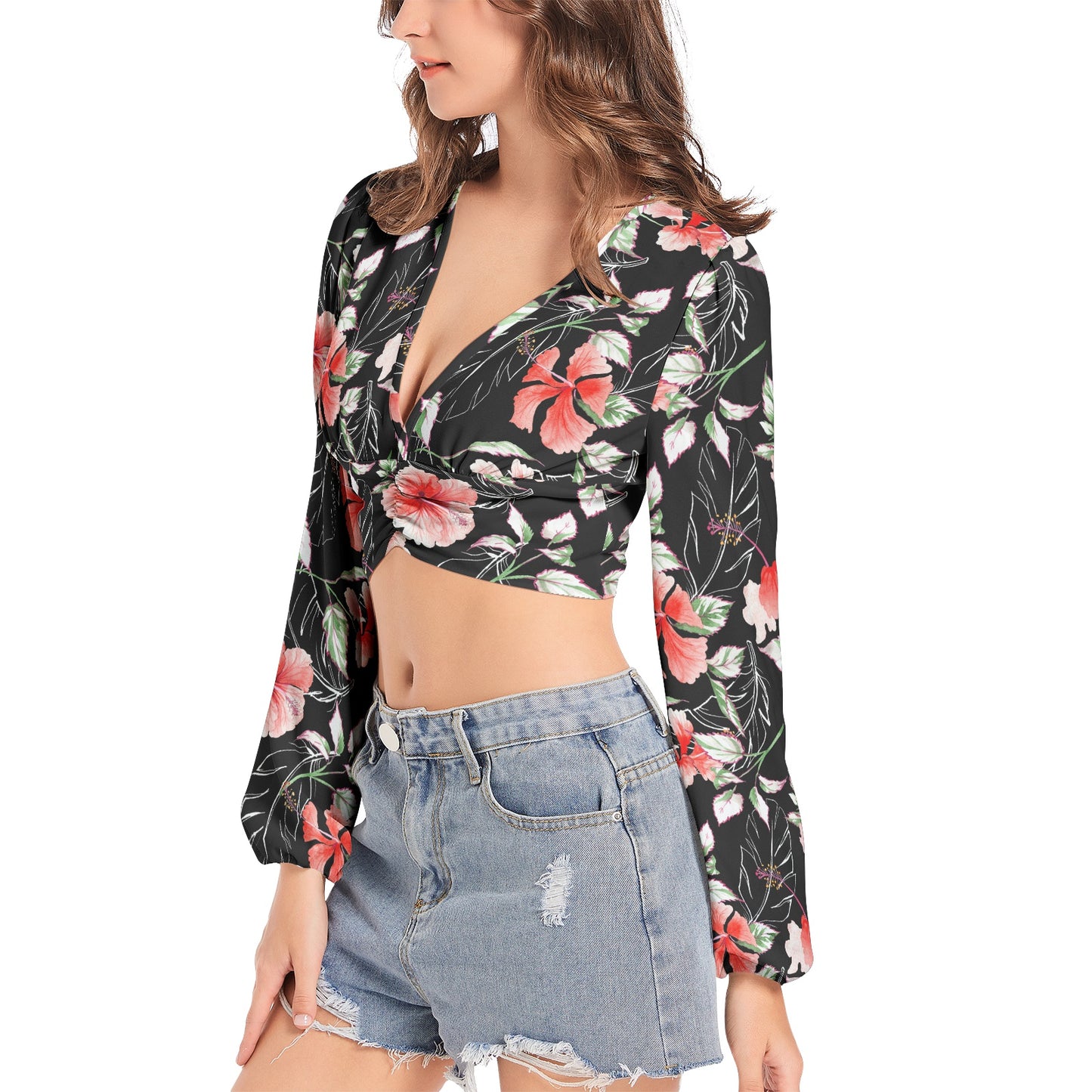 Women's Deep V-Neck Lantern Sleeve Crop Top