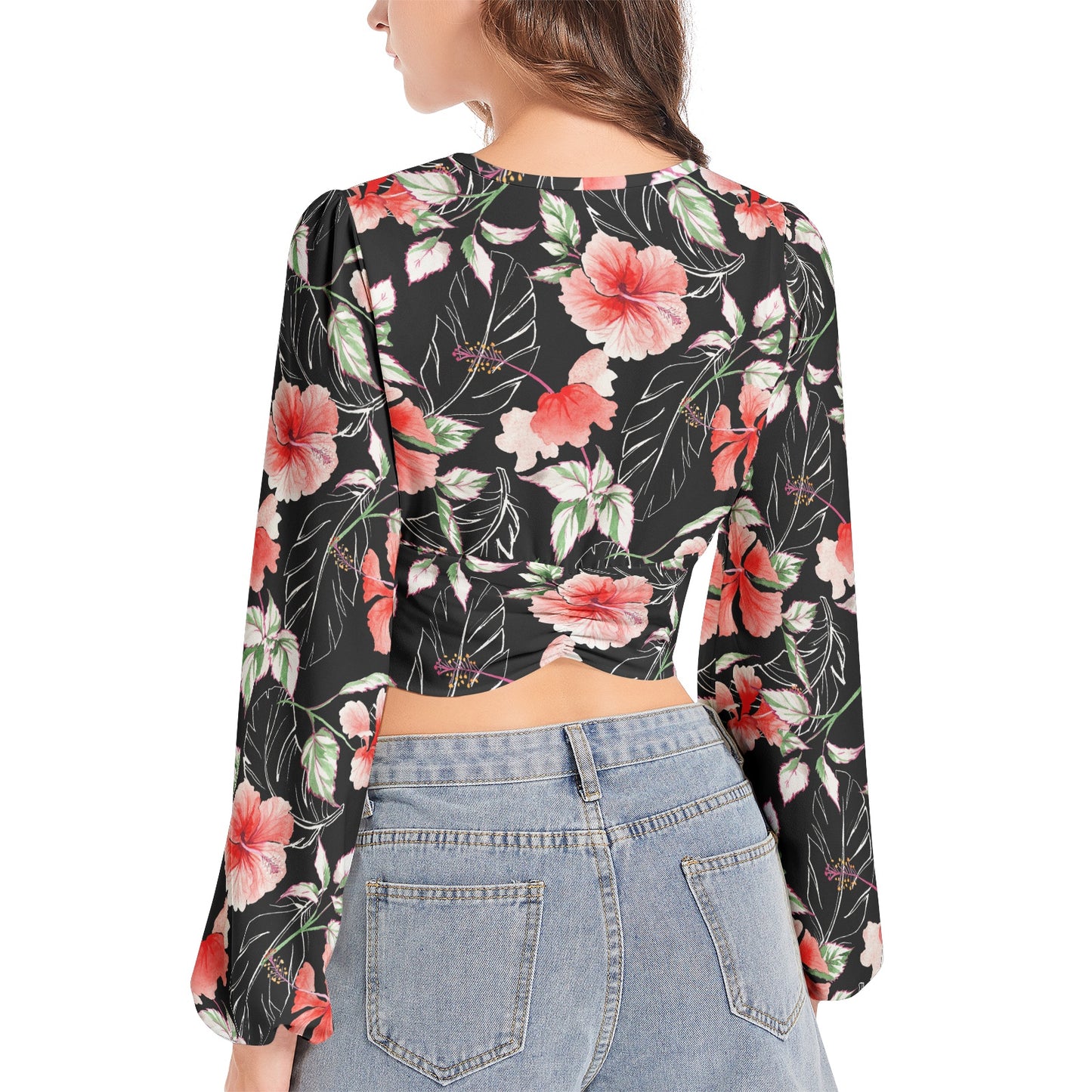 Women's Deep V-Neck Lantern Sleeve Crop Top