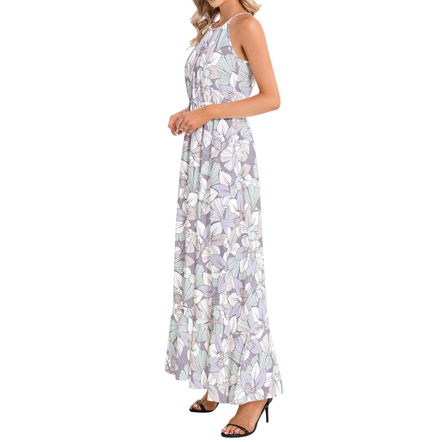 Ruffle Hem Halter Neck Maxi Dress