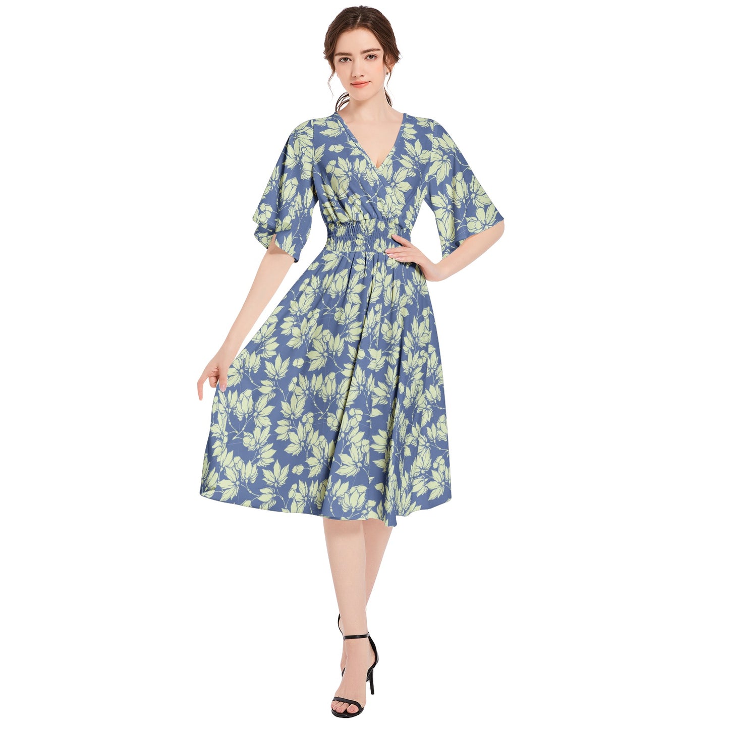 Butterfly Sleeve Shirred High Waist A Line Midi Dress