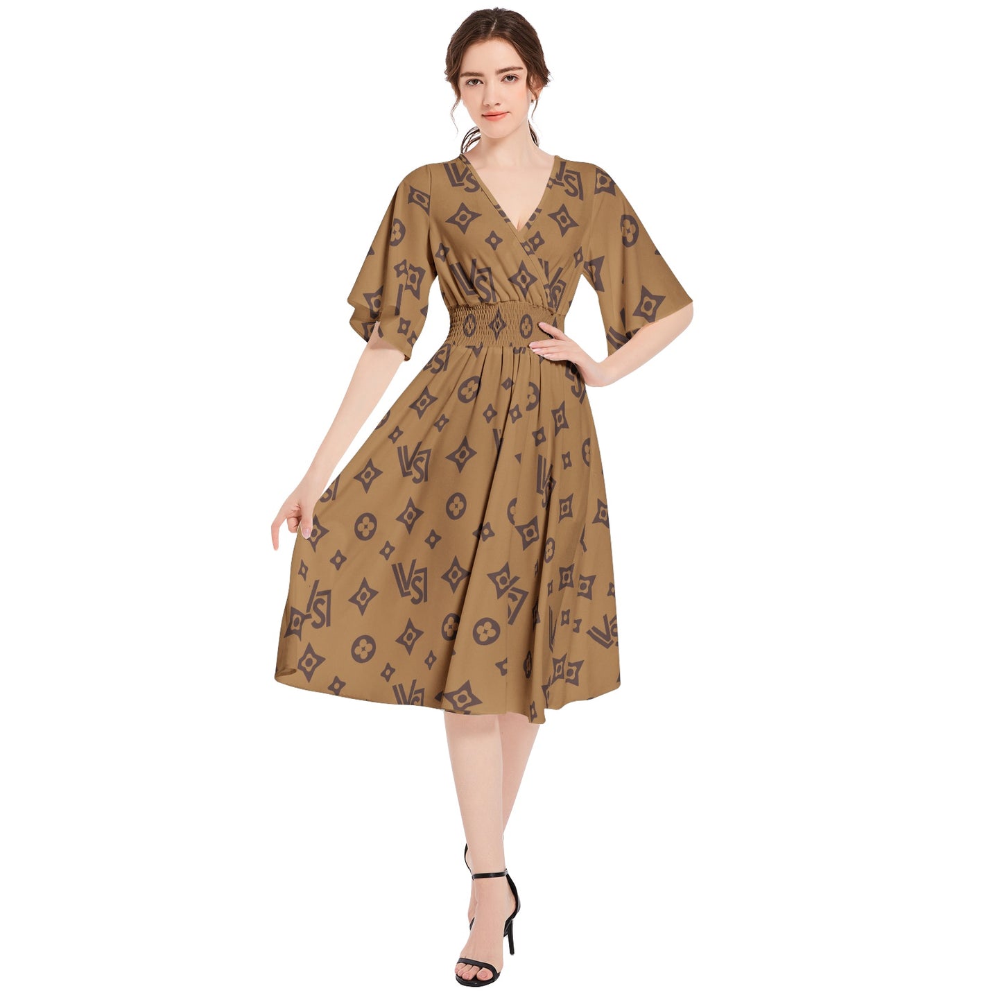 Butterfly Sleeve Shirred High Waist A Line Midi Dress