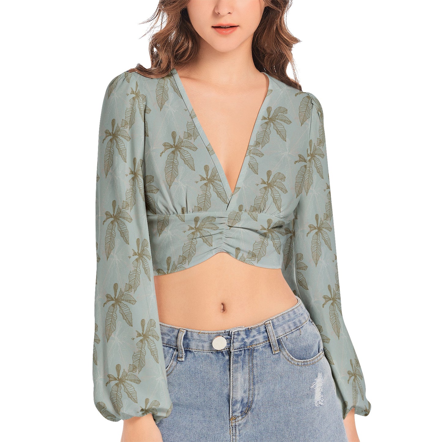 Women's Deep V-Neck Lantern Sleeve Crop Top