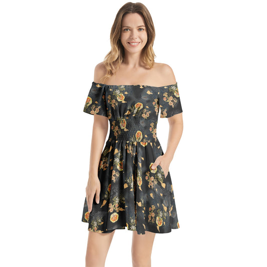 Off Shoulder Shirred Waist Flared Mini Dress