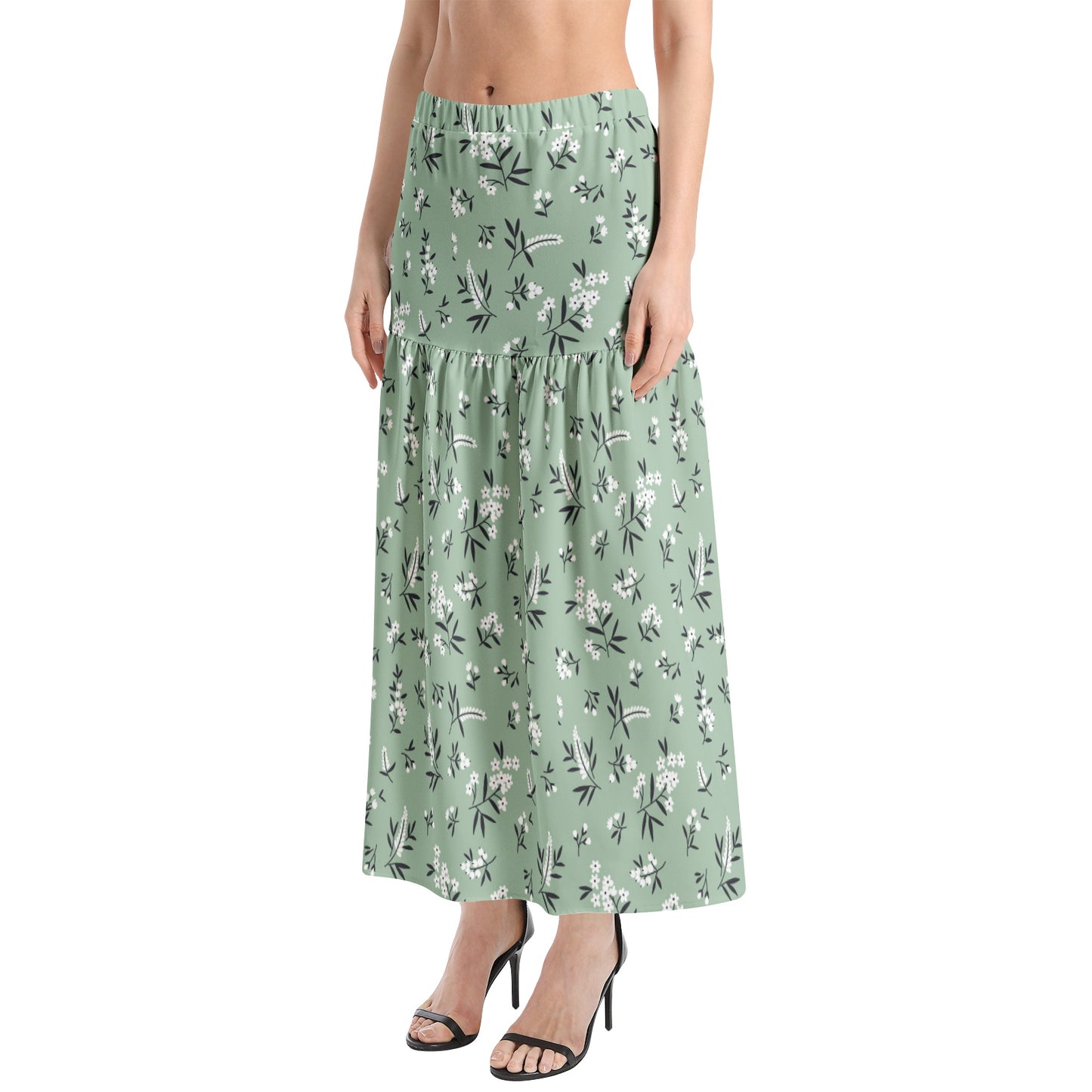 Elastic Waist Ruffle Slit Hem Skirt