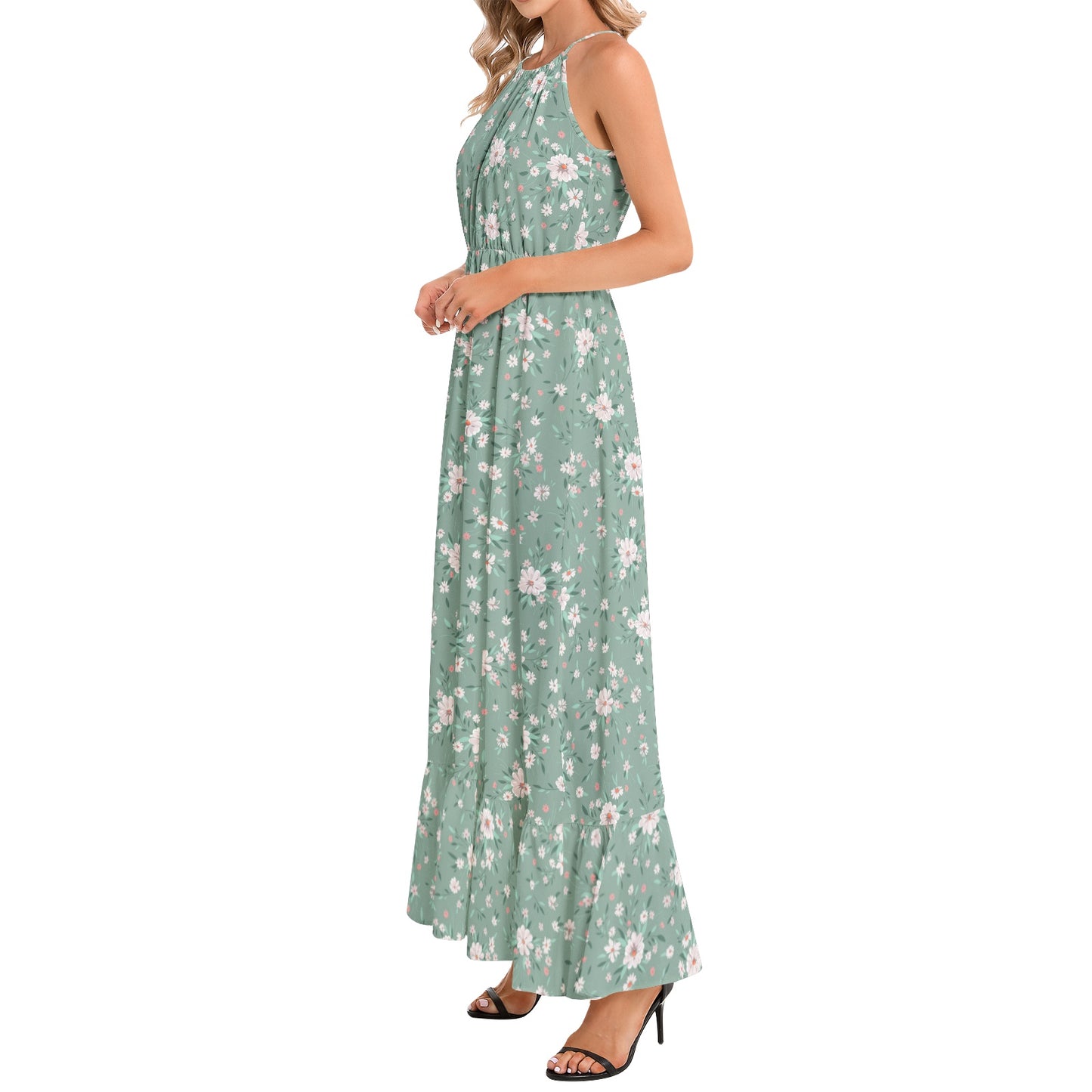 Ruffle Hem Halter Neck Maxi Dress