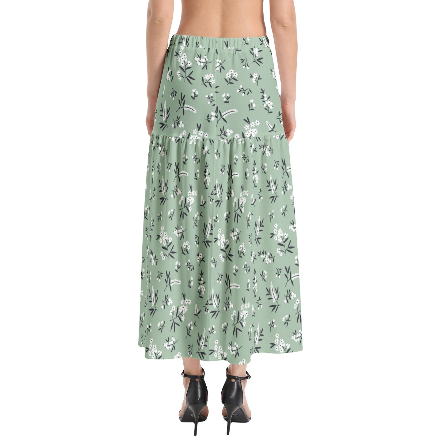 Elastic Waist Ruffle Slit Hem Skirt