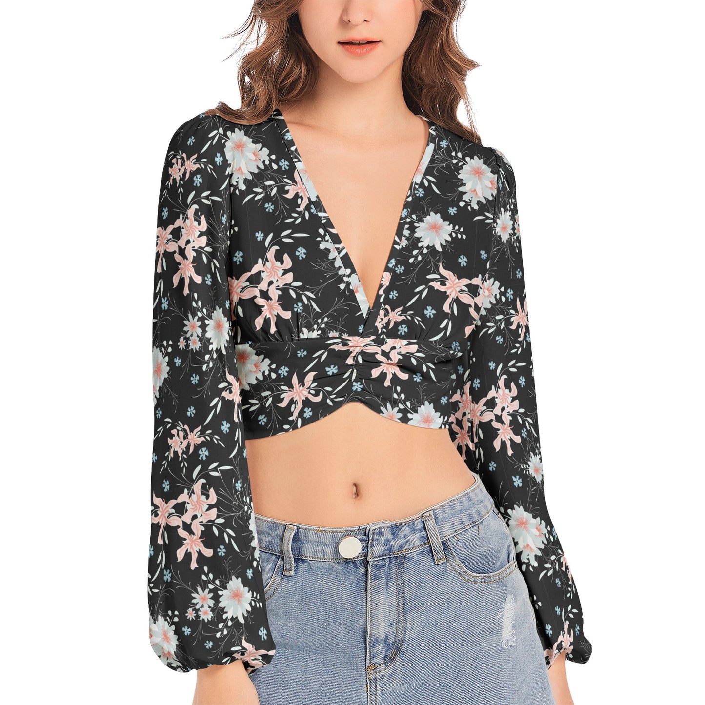 Women's Deep V-Neck Lantern Sleeve Crop Top