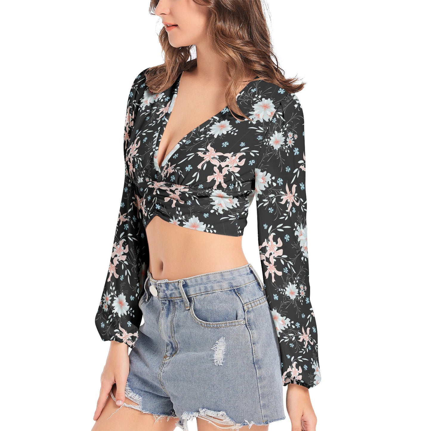 Women's Deep V-Neck Lantern Sleeve Crop Top