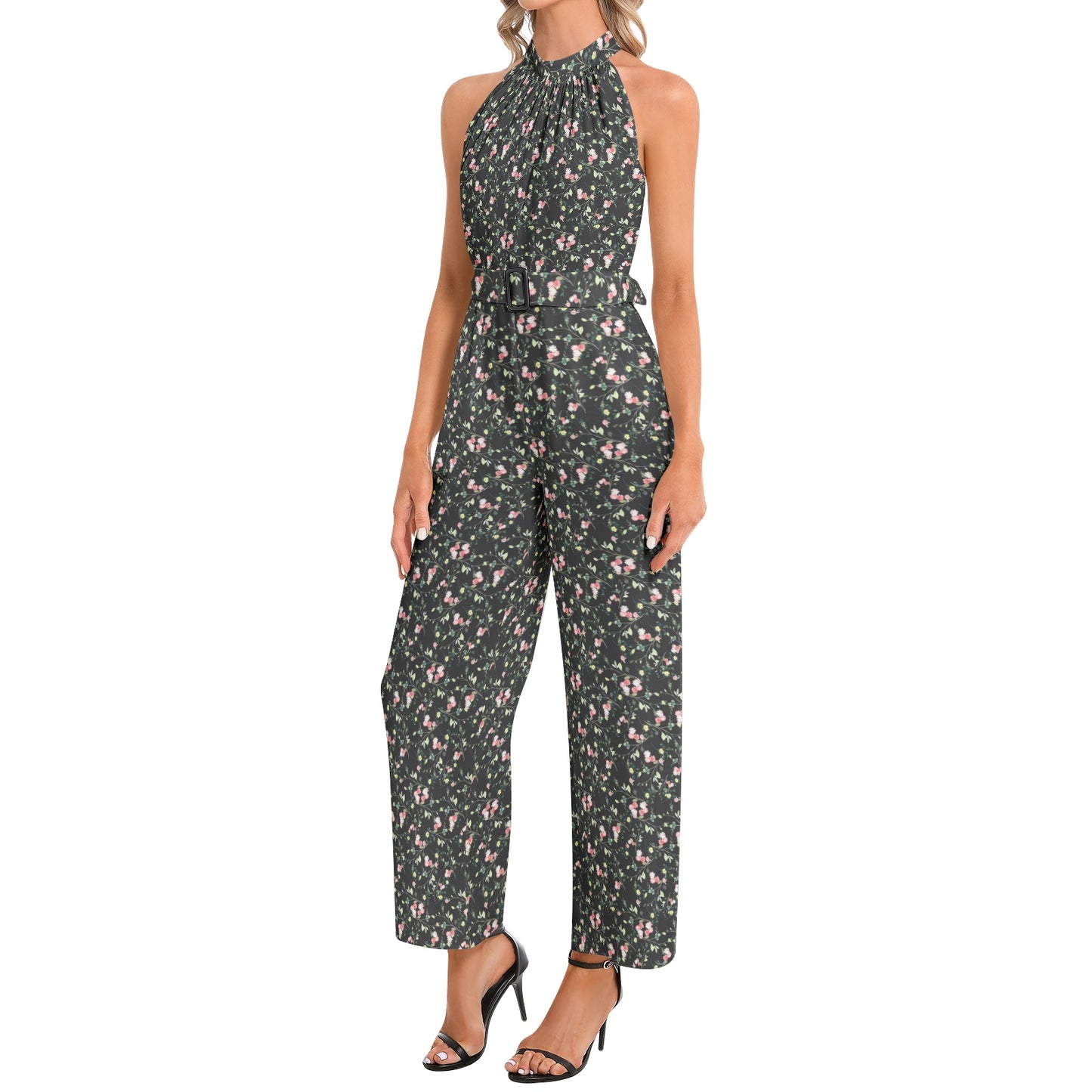 Halter Neck Buckle Belted Jumpsuit