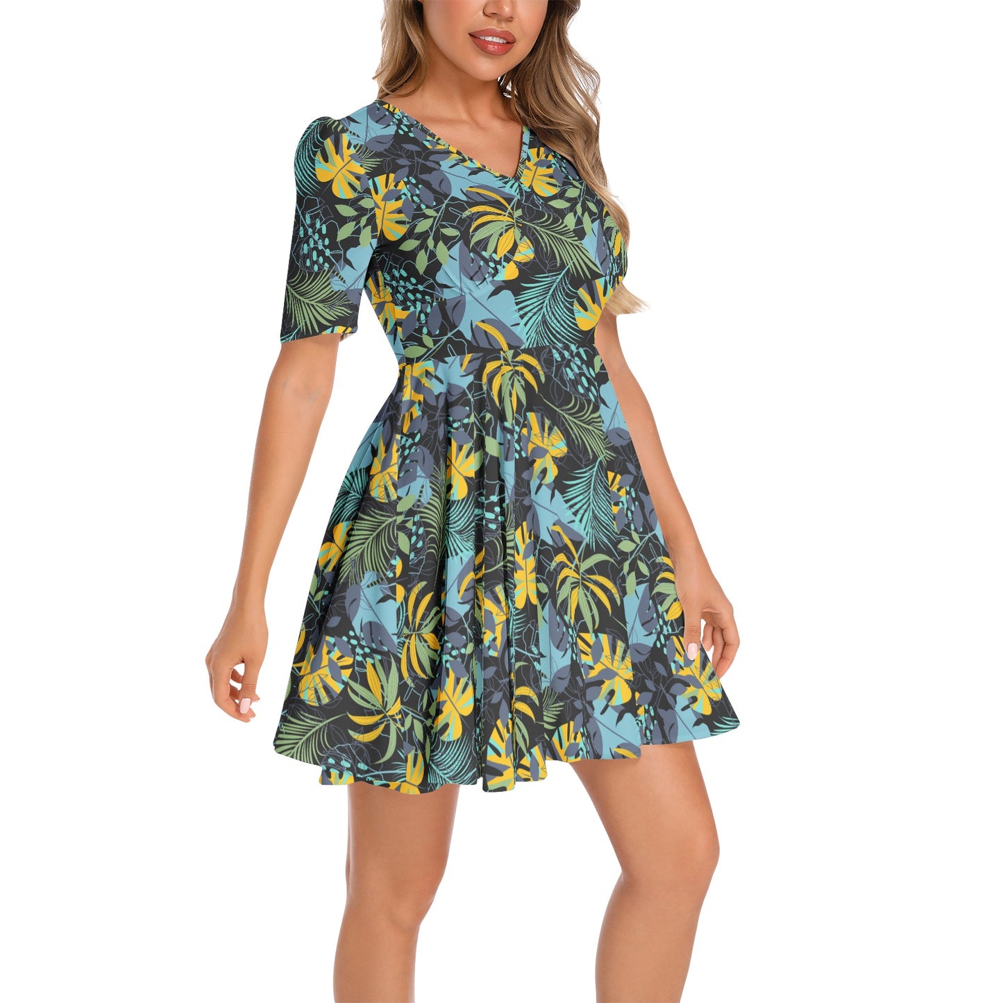 Short Sleeve Ruched Bust Flared Hem Dress