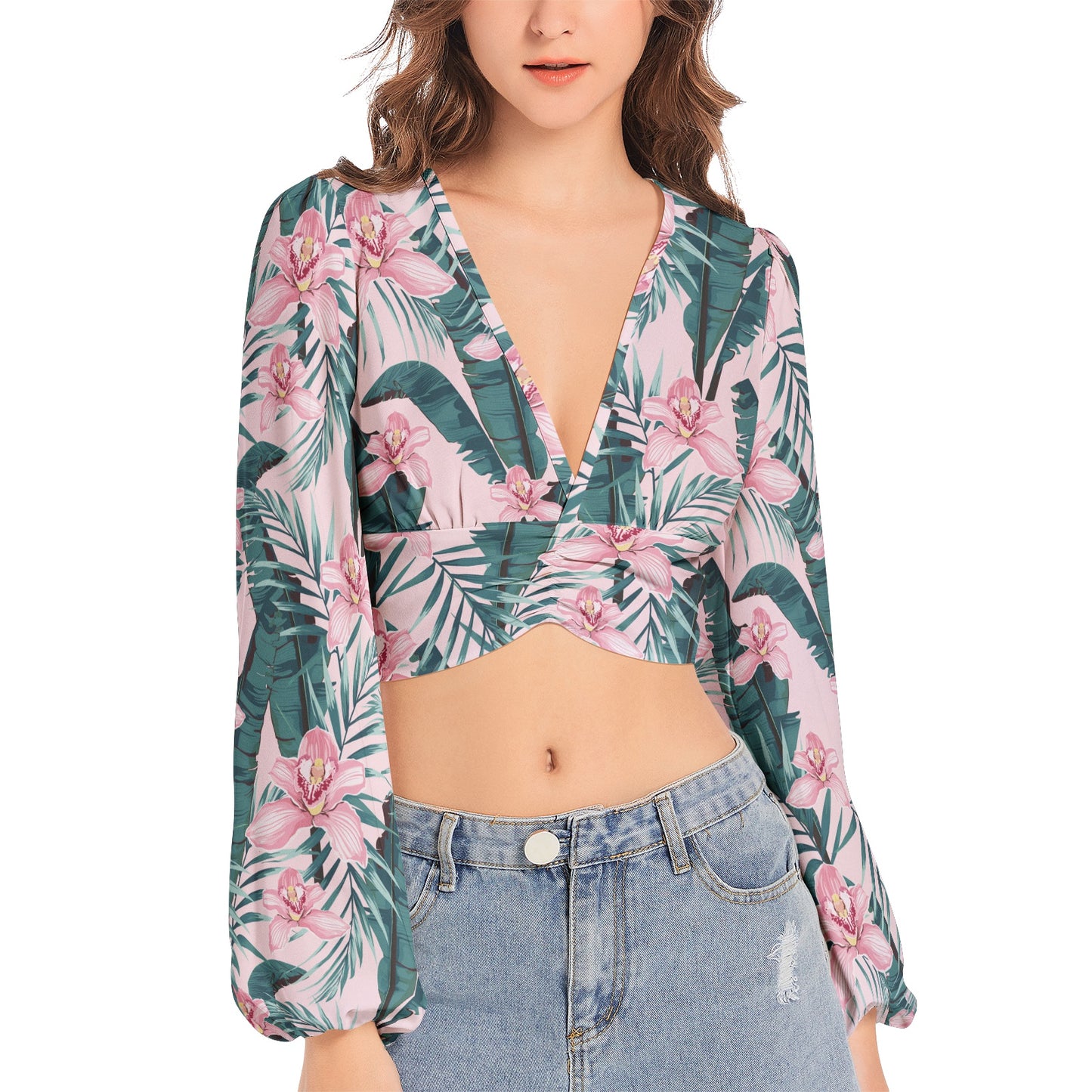 Women's Deep V-Neck Lantern Sleeve Crop Top