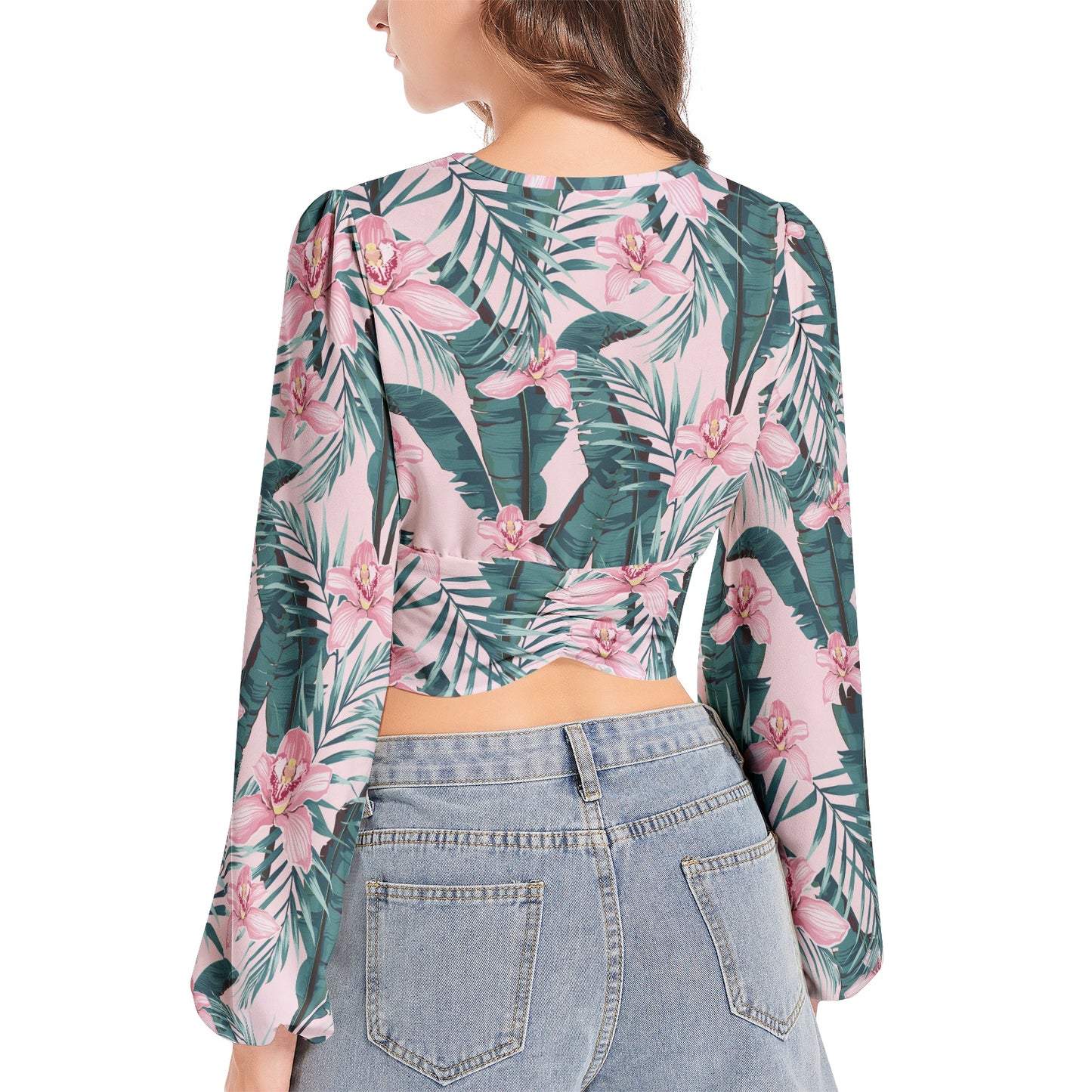 Women's Deep V-Neck Lantern Sleeve Crop Top