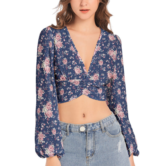 Women's Deep V-Neck Lantern Sleeve Crop Top