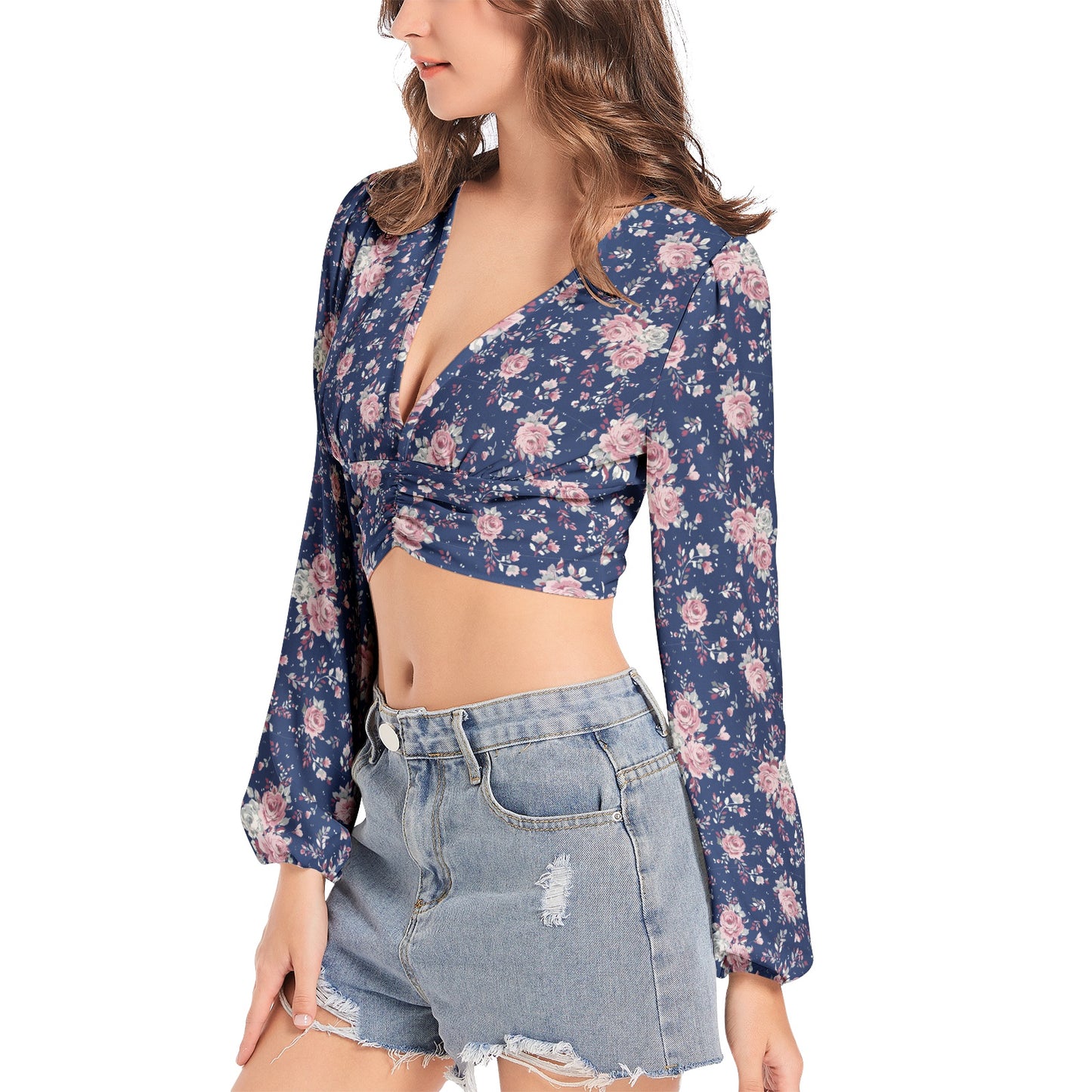 Women's Deep V-Neck Lantern Sleeve Crop Top