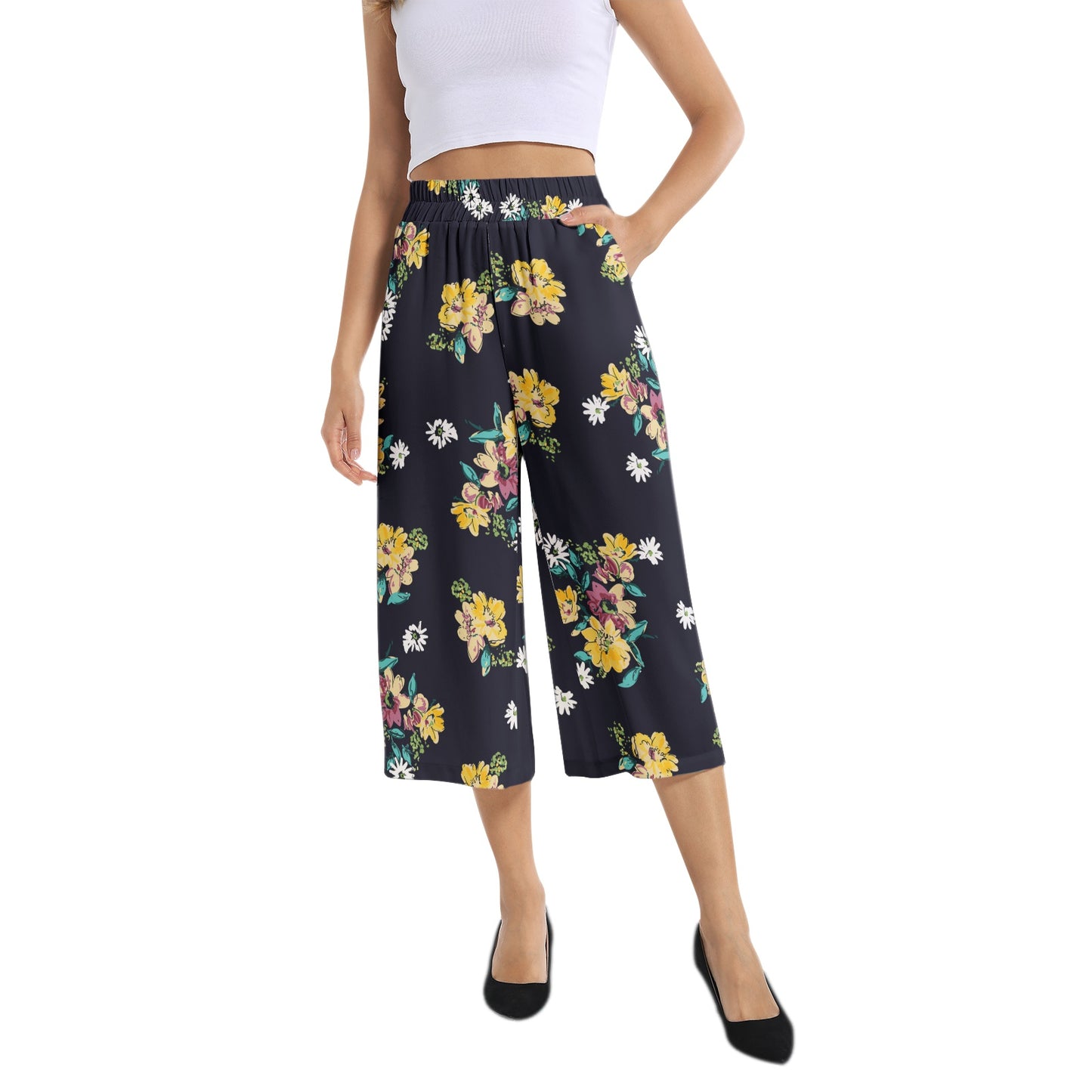 Elastic Waist Capris Wide Leg Pant