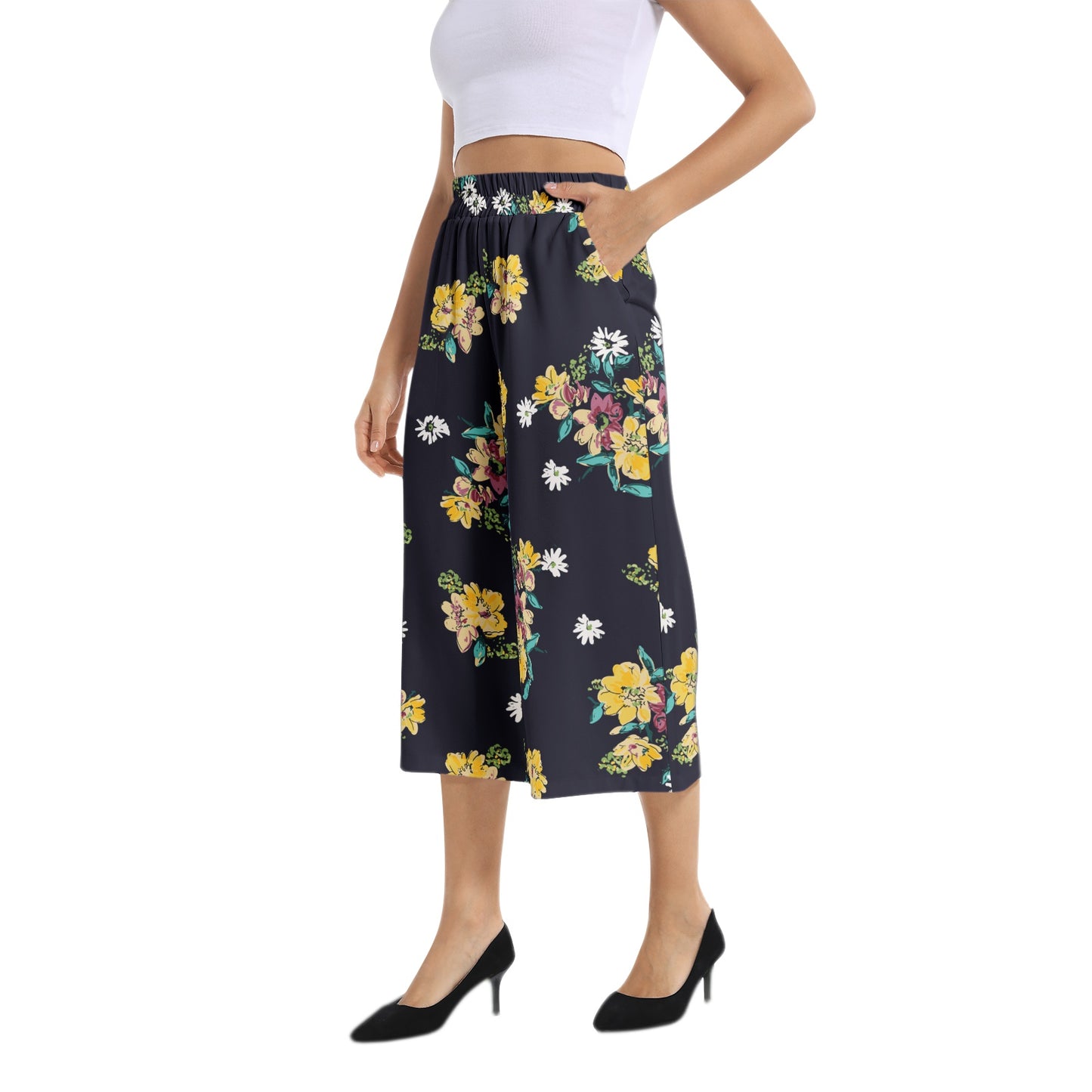 Elastic Waist Capris Wide Leg Pant