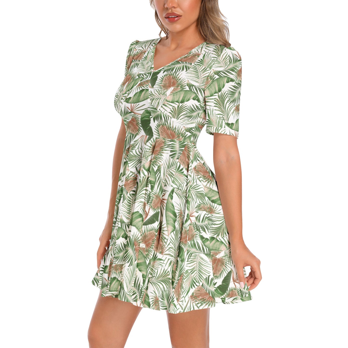 Short Sleeve Ruched Bust Flared Hem Dress