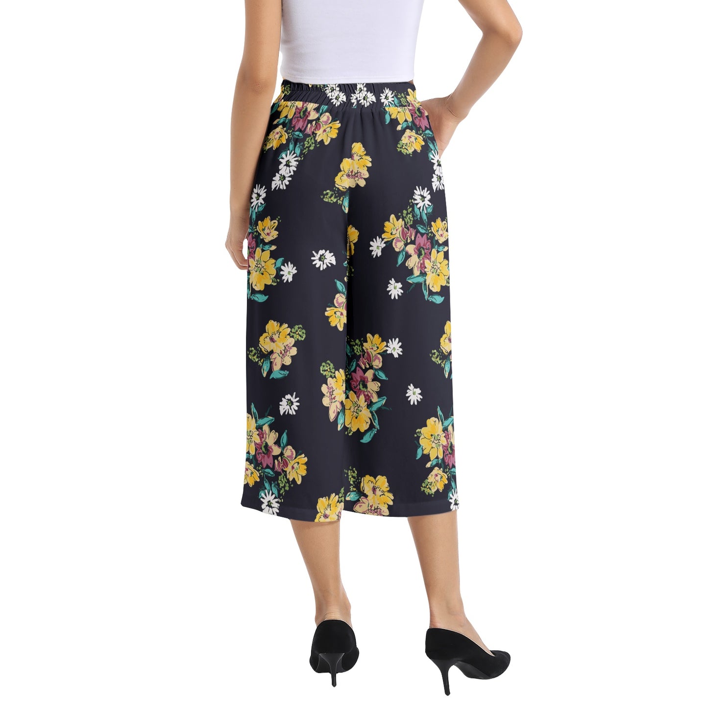 Elastic Waist Capris Wide Leg Pant