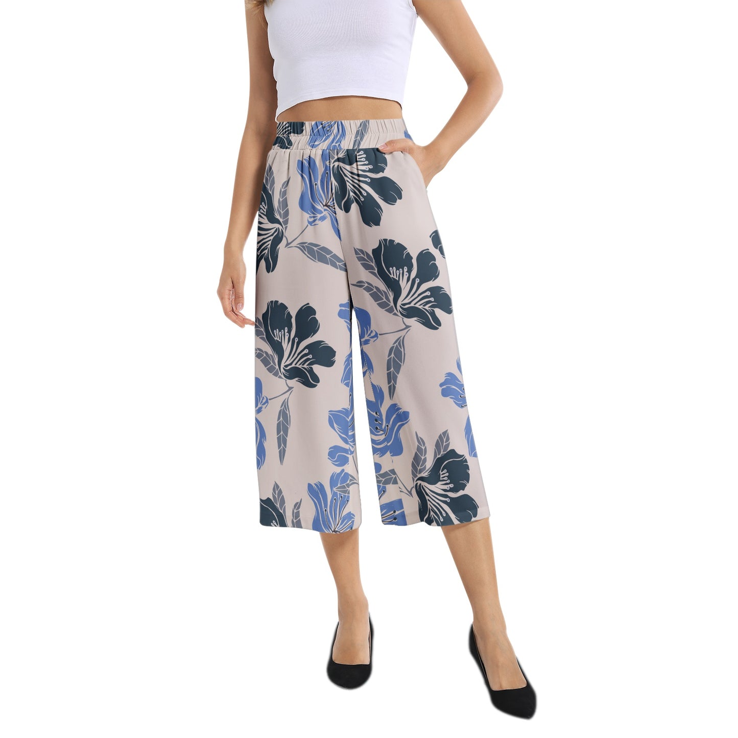 Elastic Waist Capris Wide Leg Pant