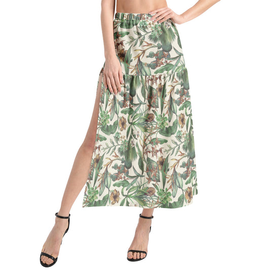 Elastic Waist Ruffle Slit Hem Skirt