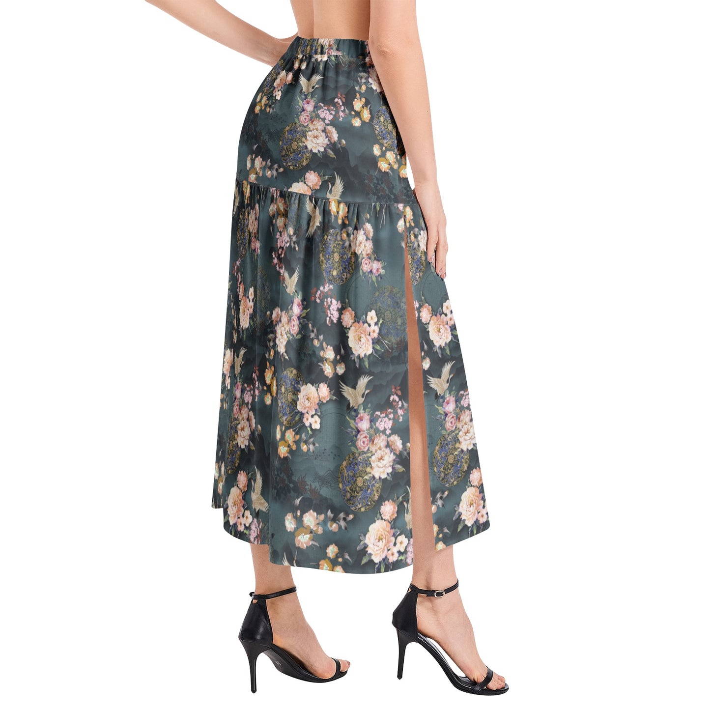 Elastic Waist Ruffle Slit Hem Skirt