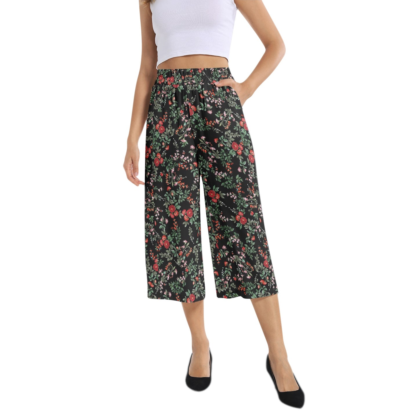 Elastic Waist Capris Wide Leg Pant