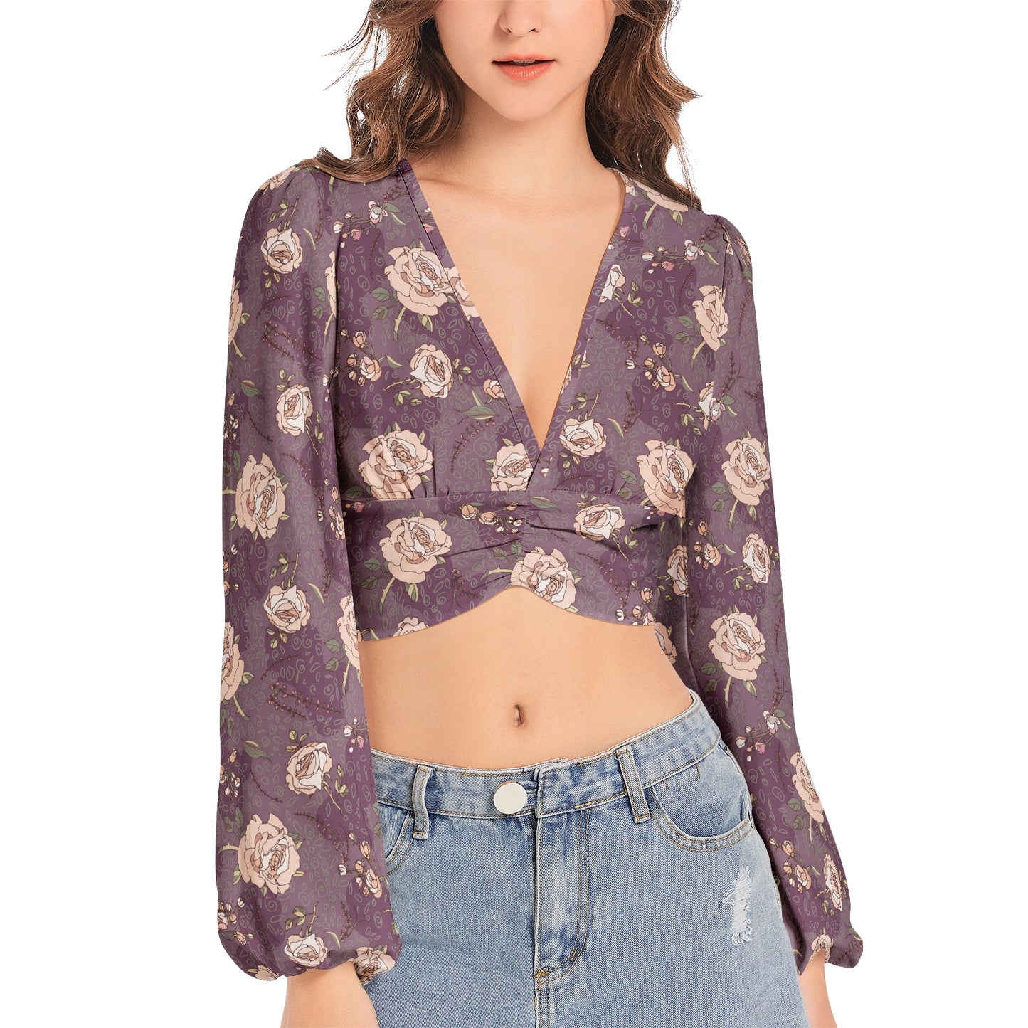 Women's Deep V-Neck Lantern Sleeve Crop Top