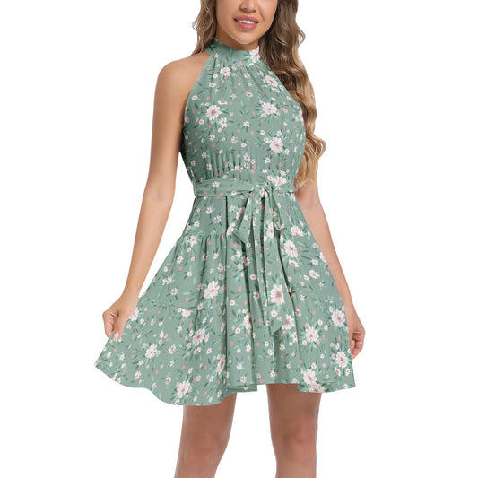 Ruffle Hem Belted Halter Dress