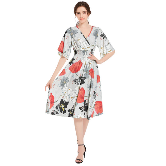 Butterfly Sleeve Shirred High Waist A Line Midi Dress